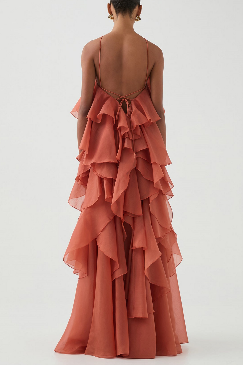 Flowering Girl Women Caysie Halter Floral Ruffle Layered Maxi Dress in Orange