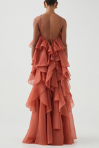 Flowering Girl Women Caysie Halter Floral Ruffle Layered Maxi Dress in Orange