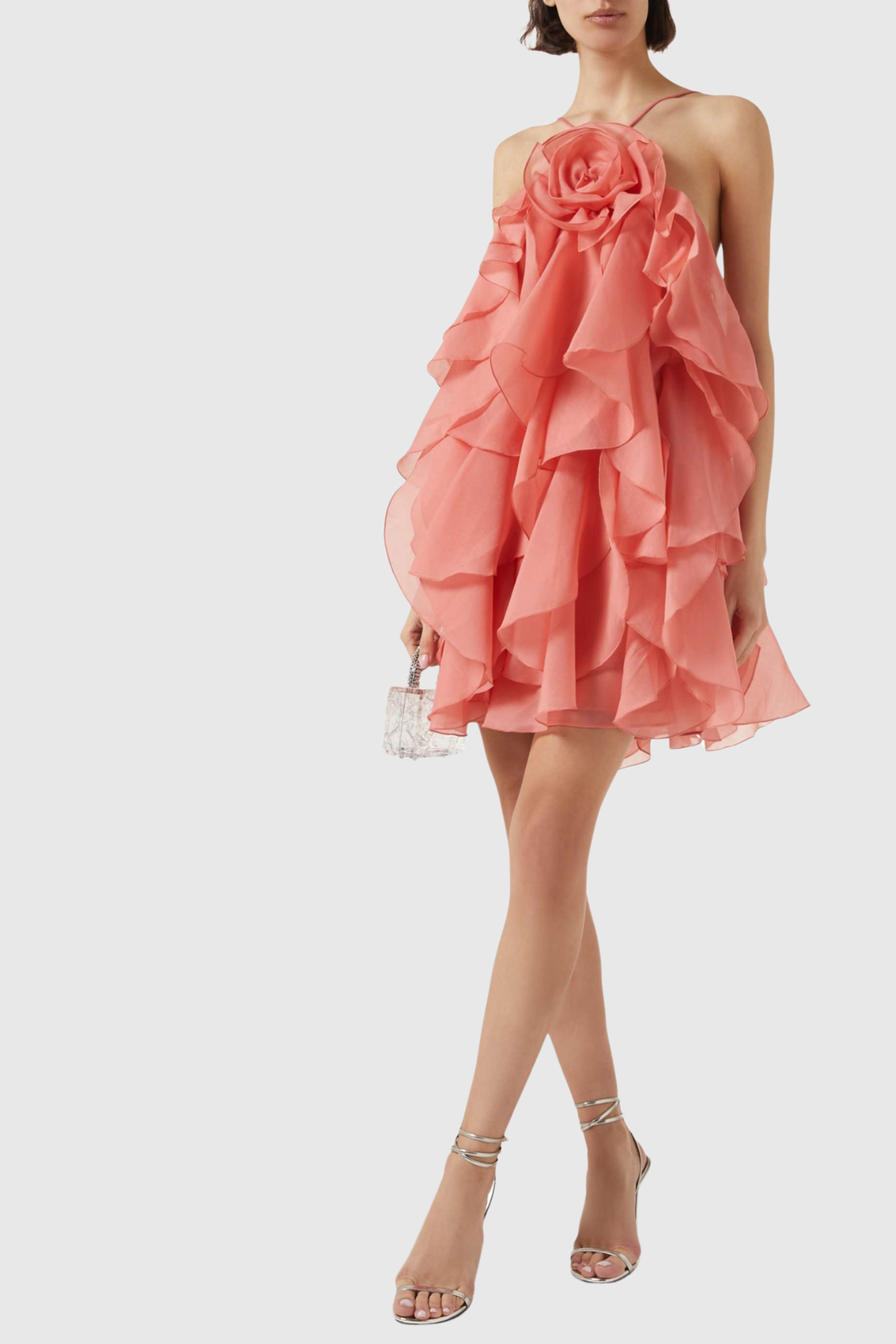 Flowering Girl Women lorraine Halter Floral Ruffle Layered Mini Dress in Orange