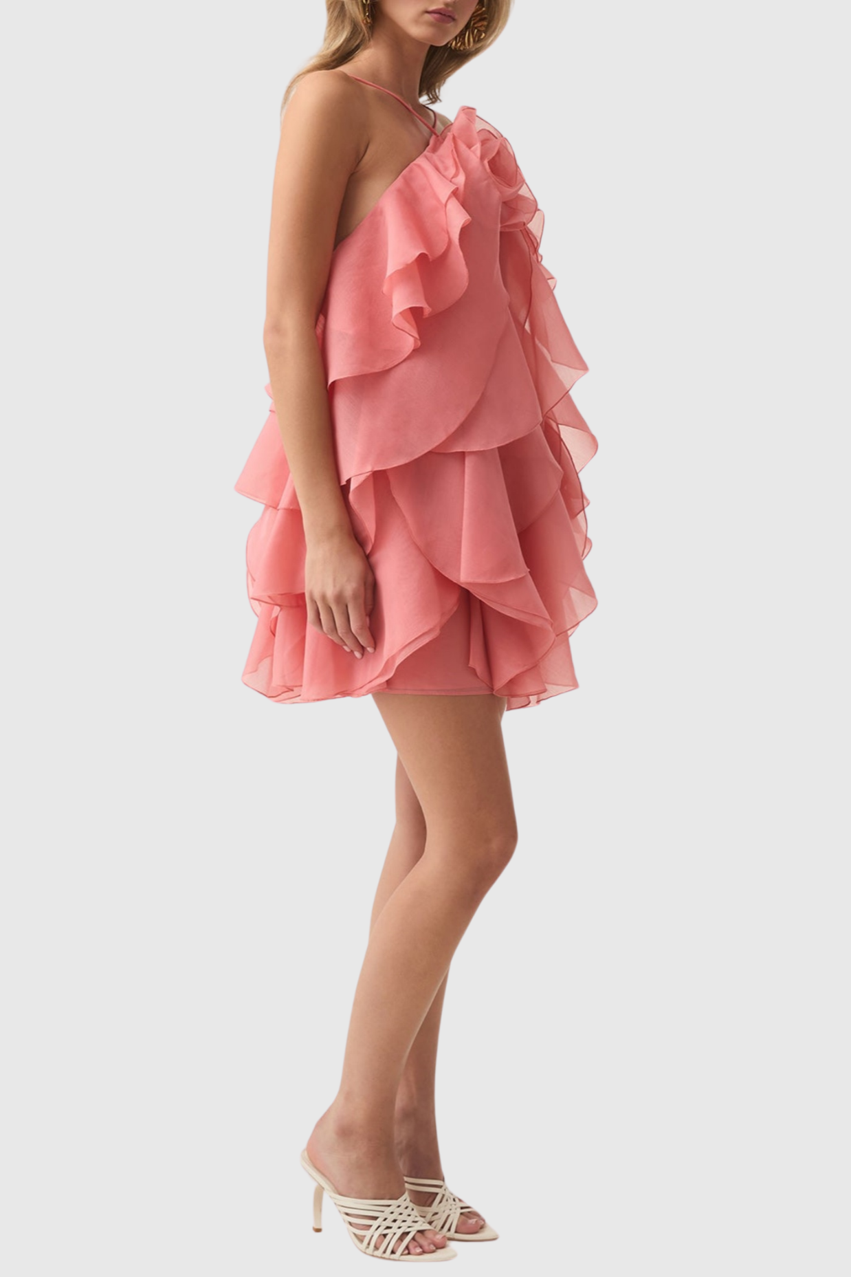 Flowering Girl Women lorraine Halter Floral Ruffle Layered Mini Dress in Orange