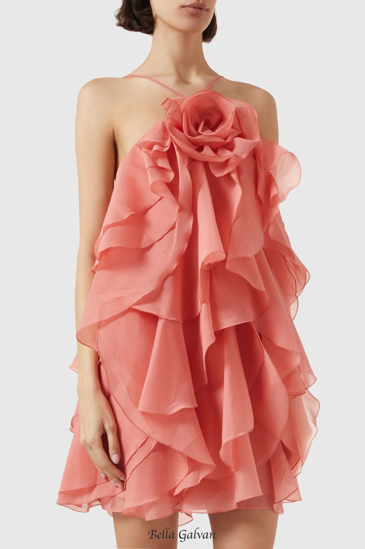 Flowering Girl Women lorraine Halter Floral Ruffle Layered Mini Dress in Orange