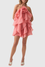 Flowering Girl Women lorraine Halter Floral Ruffle Layered Mini Dress in Orange