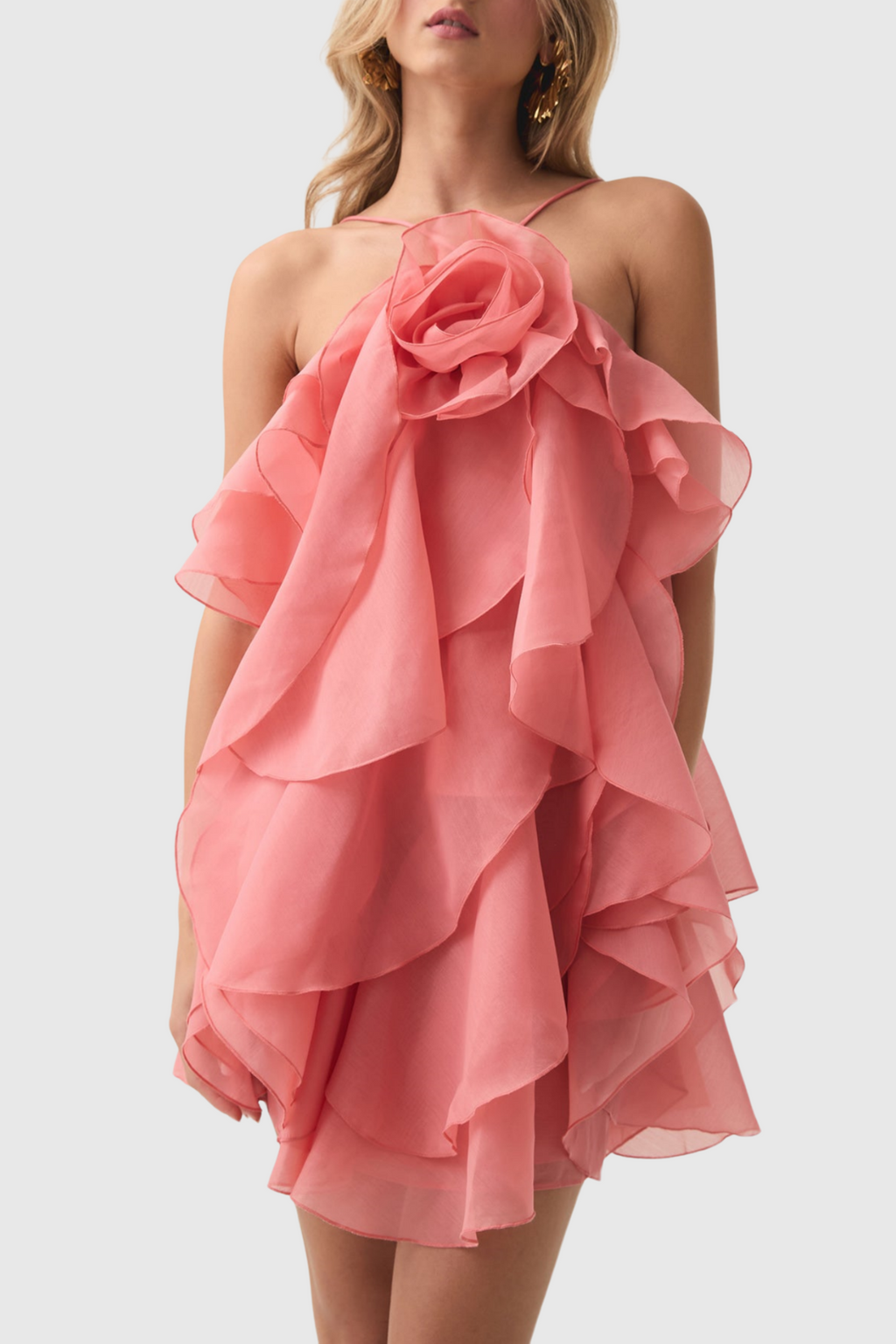 Flowering Girl Women lorraine Halter Floral Ruffle Layered Mini Dress in Orange