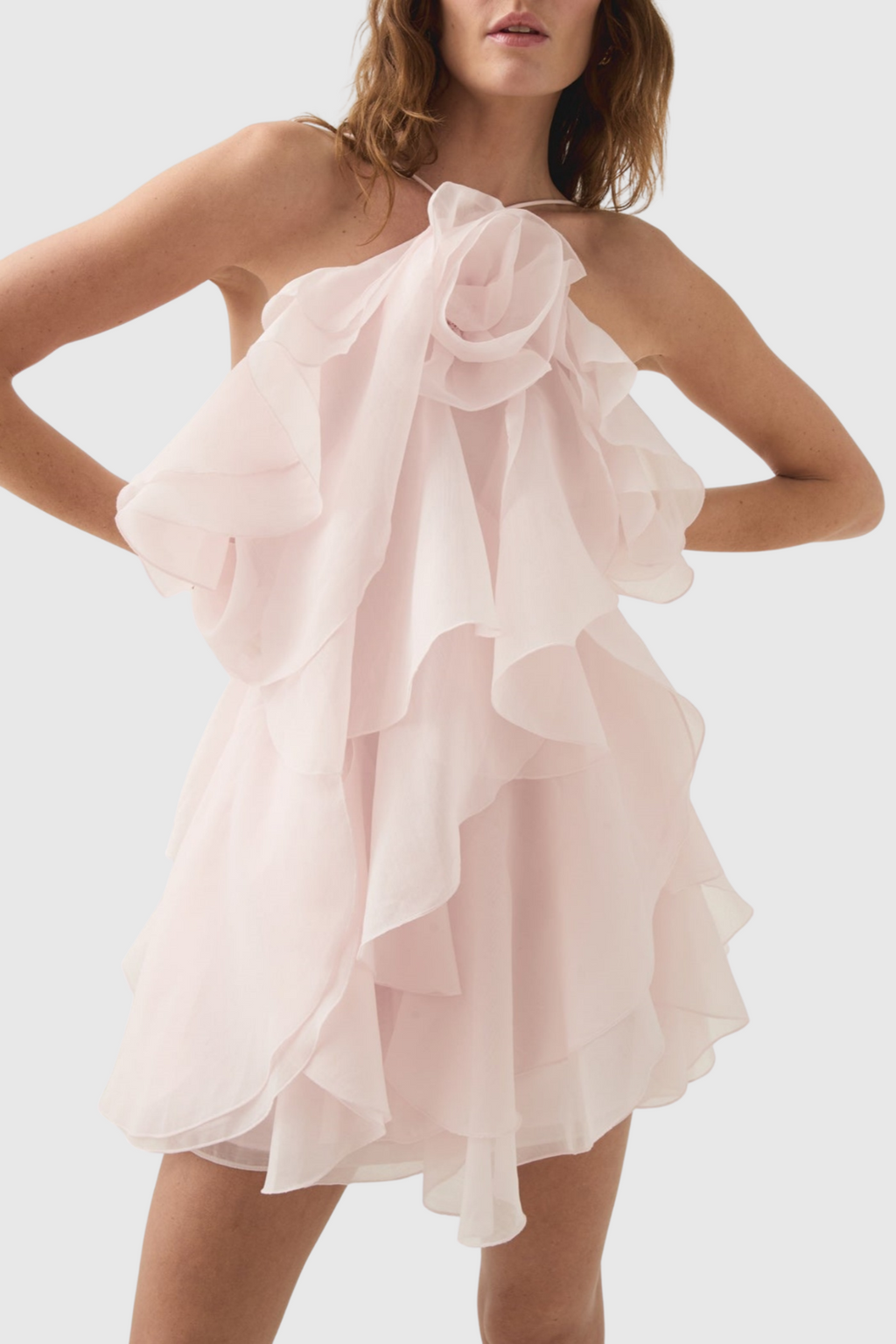 Flowering Girl Women lorraine Halter Floral Ruffle Layered Mini Dress in Pink