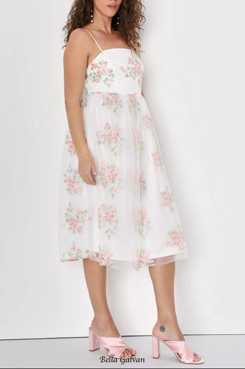 Flowering Girl Women White Floral Embroidered Tulle Midi Dress