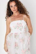 Flowering Girl Women White Floral Embroidered Tulle Midi Dress