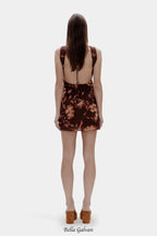 Tea print backless Mini Dress in brown