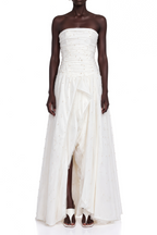 Flowering Girl Women White Strapless Ruched Pearl Draped Chiffon High Slit Maxi Gown