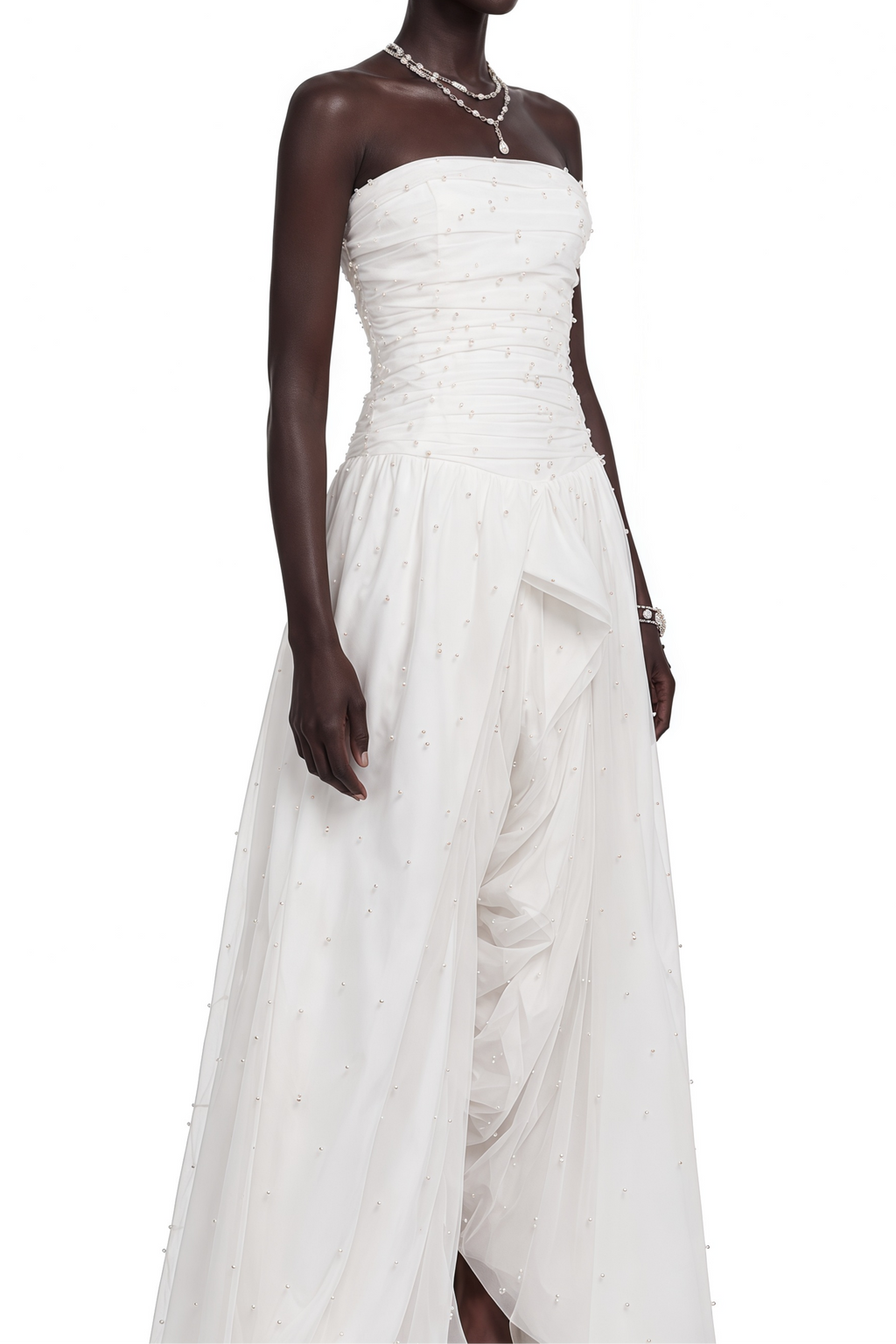 Flowering Girl Women White Strapless Ruched Pearl Draped Chiffon High Slit Maxi Gown