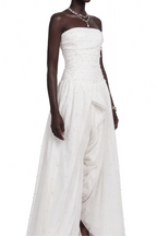 Flowering Girl Women White Strapless Ruched Pearl Draped Chiffon High Slit Maxi Gown
