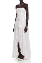Flowering Girl Women White Strapless Ruched Pearl Draped Chiffon High Slit Maxi Gown