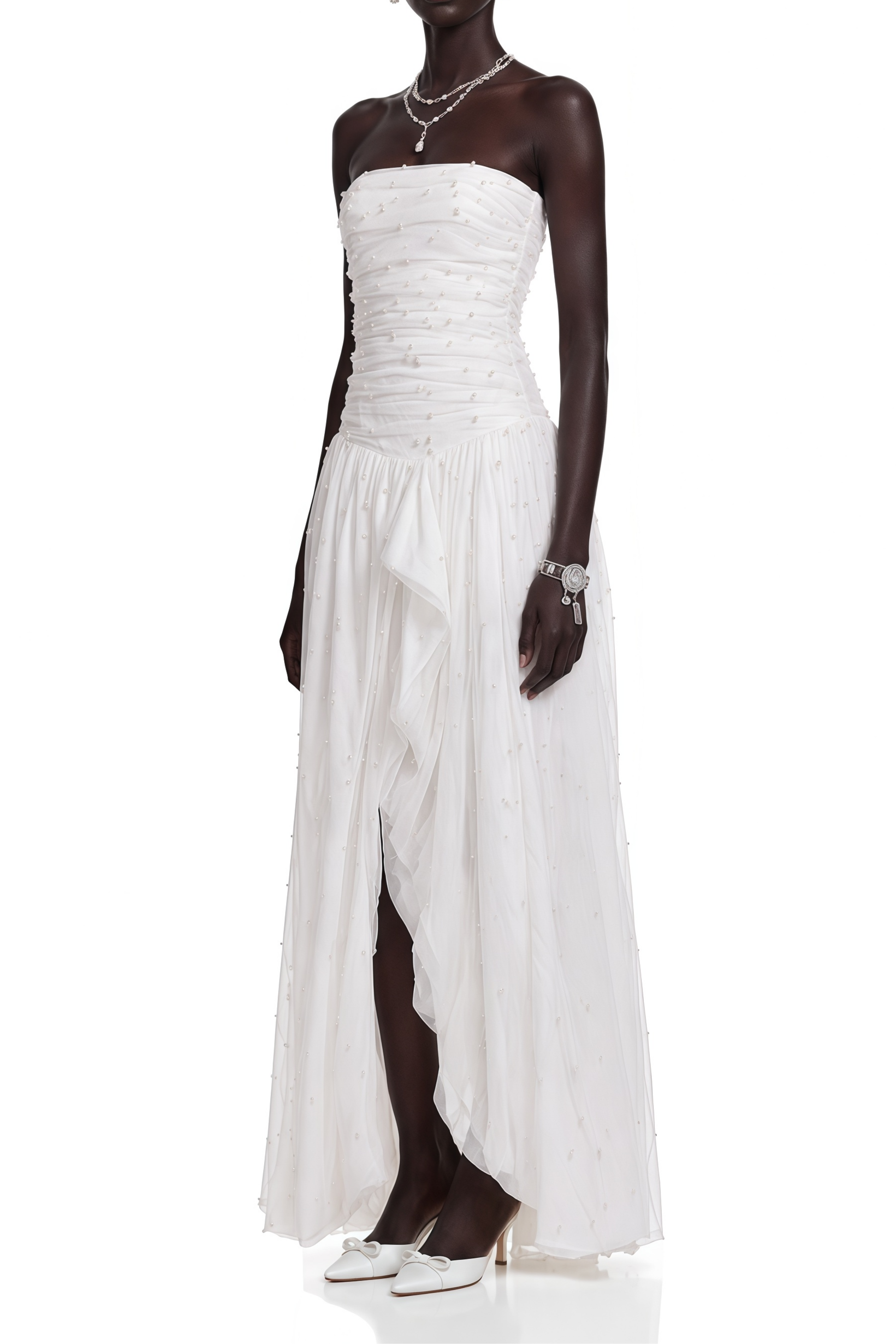Flowering Girl Women White Strapless Ruched Pearl Draped Chiffon High Slit Maxi Gown