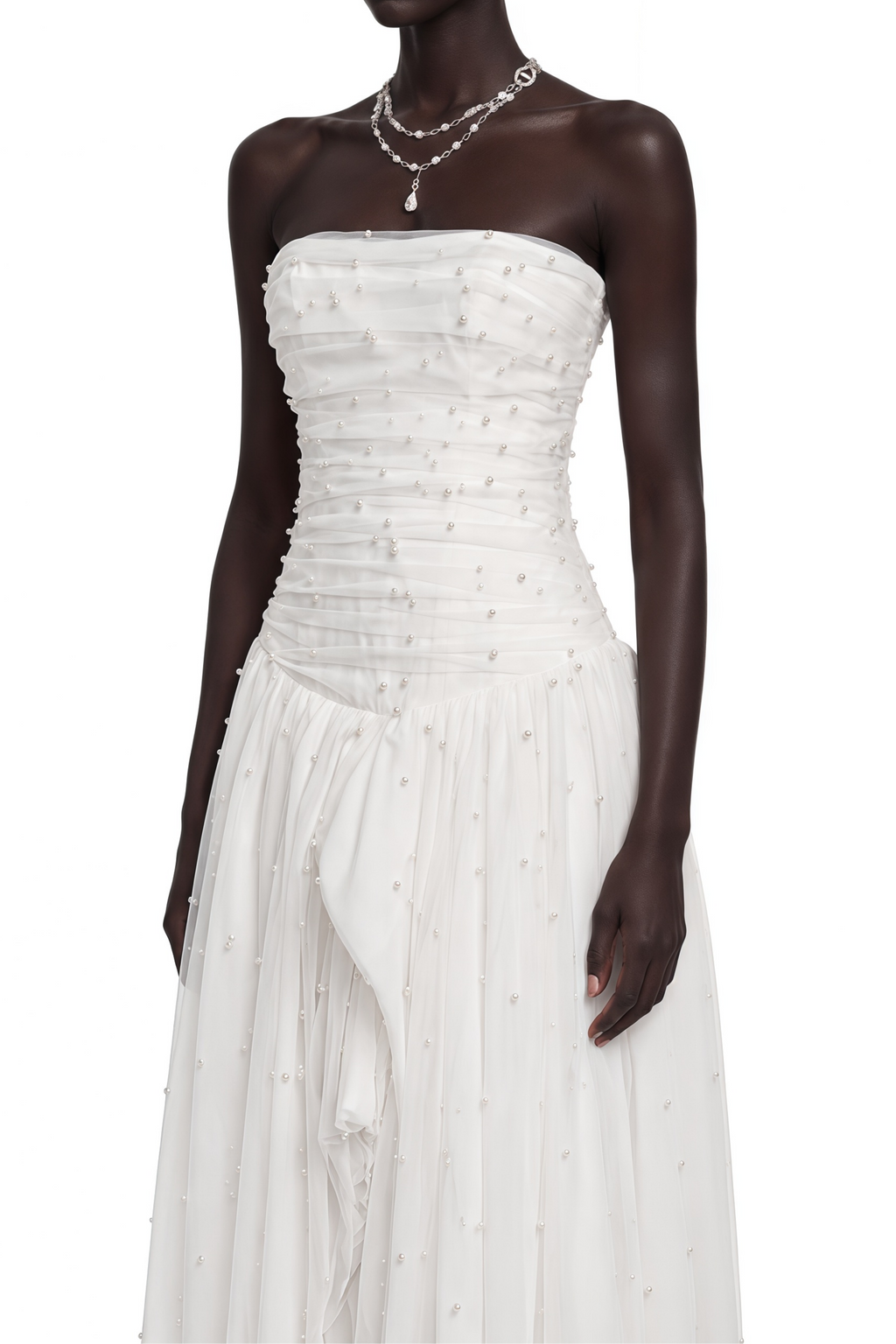 Flowering Girl Women White Strapless Ruched Pearl Draped Chiffon High Slit Maxi Gown