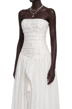 Flowering Girl Women White Strapless Ruched Pearl Draped Chiffon High Slit Maxi Gown