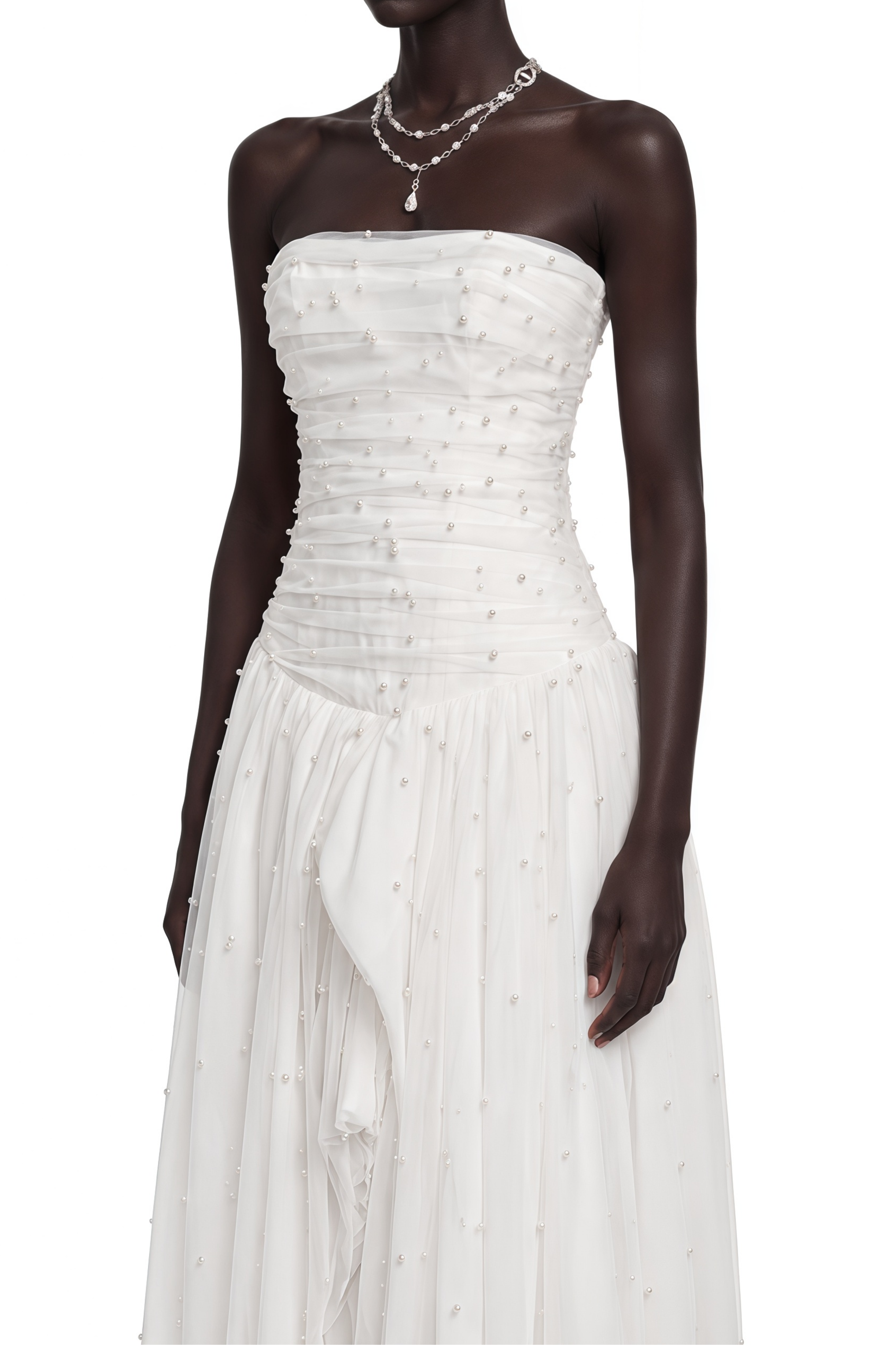 Flowering Girl Women White Strapless Ruched Pearl Draped Chiffon High Slit Maxi Gown
