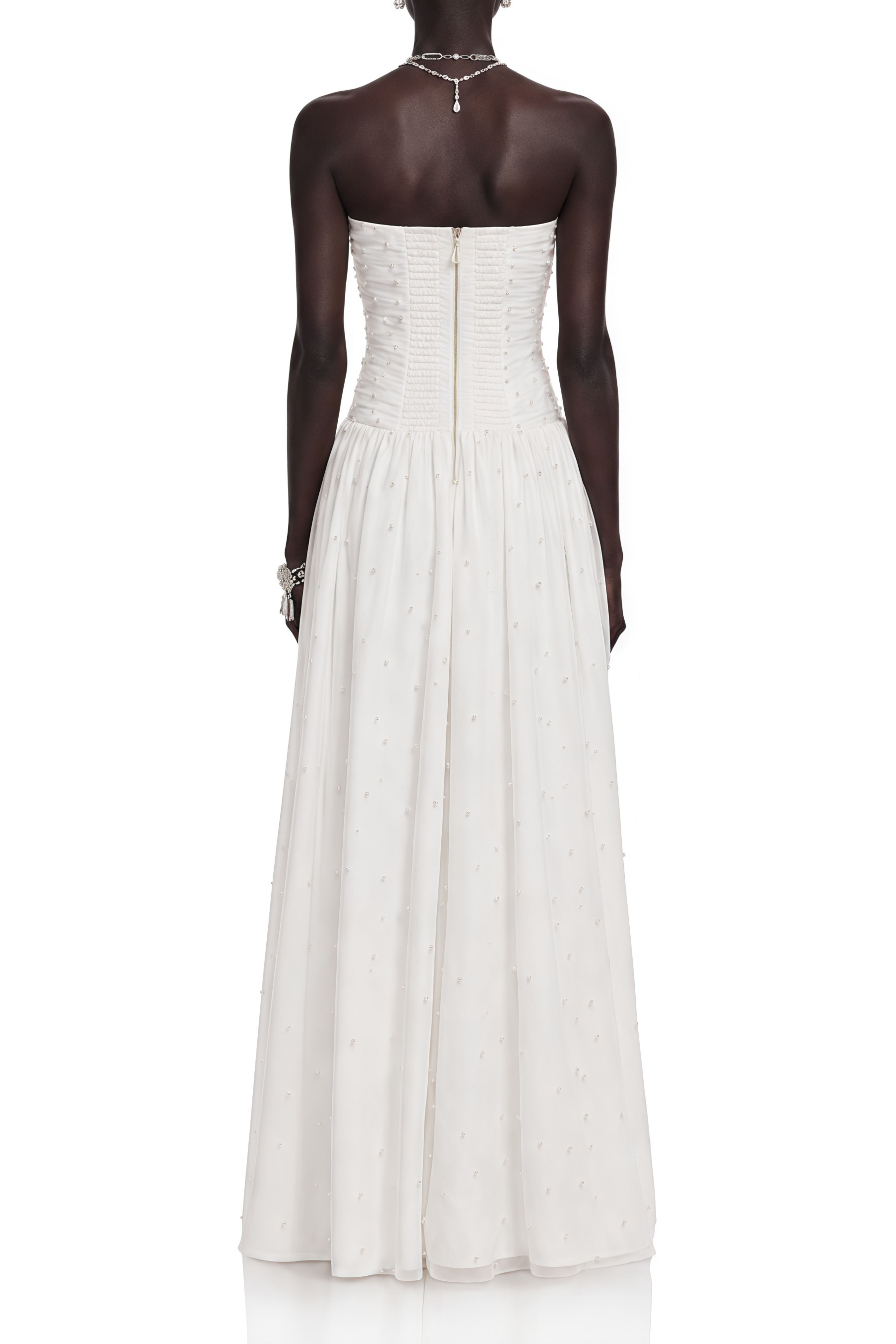 Flowering Girl Women White Strapless Ruched Pearl Draped Chiffon High Slit Maxi Gown