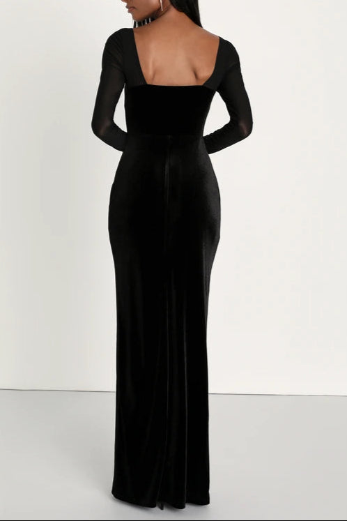 Flowering Girl Women Certifiably Chic Black Velvet Mesh Long Sleeve Maxi Dress