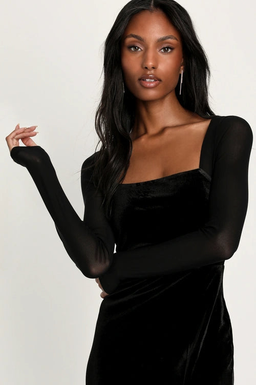 Flowering Girl Women Certifiably Chic Black Velvet Mesh Long Sleeve Maxi Dress