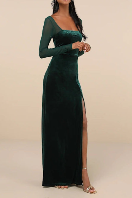 Flowering Girl Women Certifiably Chic Emerald Velvet Mesh Long Sleeve Maxi Dress