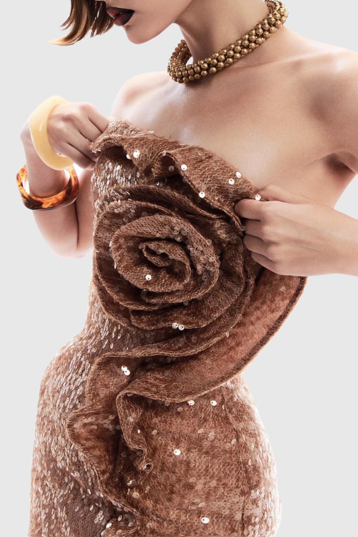Charae Sequin Floral Strapless Mini Dress in brown