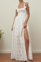 Flowering Girl Women Ruffled square neck embroidered backless slit maxi dress - white