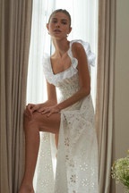 Flowering Girl Women Ruffled square neck embroidered backless slit maxi dress - white