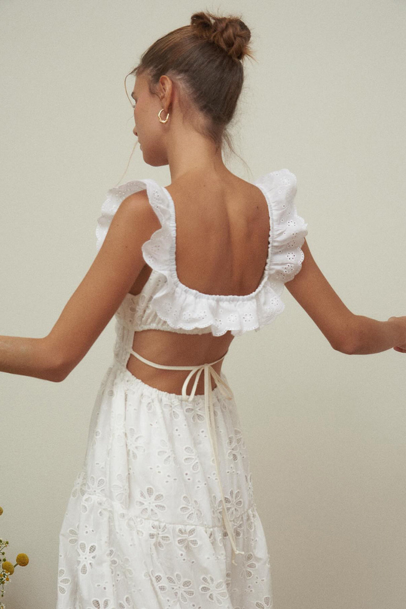 Flowering Girl Women Ruffled square neck embroidered backless slit maxi dress - white