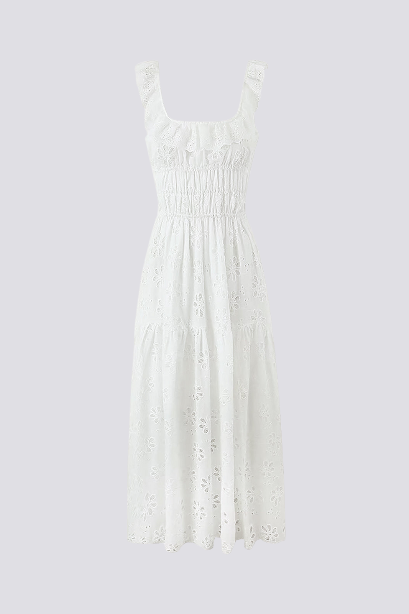 Flowering Girl Women Ruffled square neck embroidered backless slit maxi dress - white