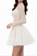 Flowering Girl Women High Neck Long Sleeve Sheer Lace Fit &amp; Flare Mini Dress