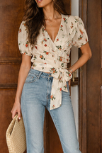 juliet Chic V-neck Waisted Floral Chiffon Top