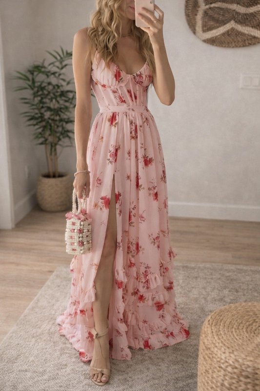 V-neck floral print high slit maxi dress - apricot