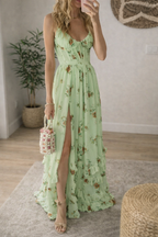 V-neck floral print high slit maxi dress - apricot