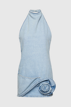 Flowering Girl Women Christell Floral Appliqué Halter Denim Mini Dress