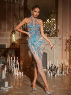 Flowering Girl Women Christene High Neck Rhinestone Dress In Blue