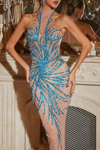 Flowering Girl Women Christene High Neck Rhinestone Dress In Blue