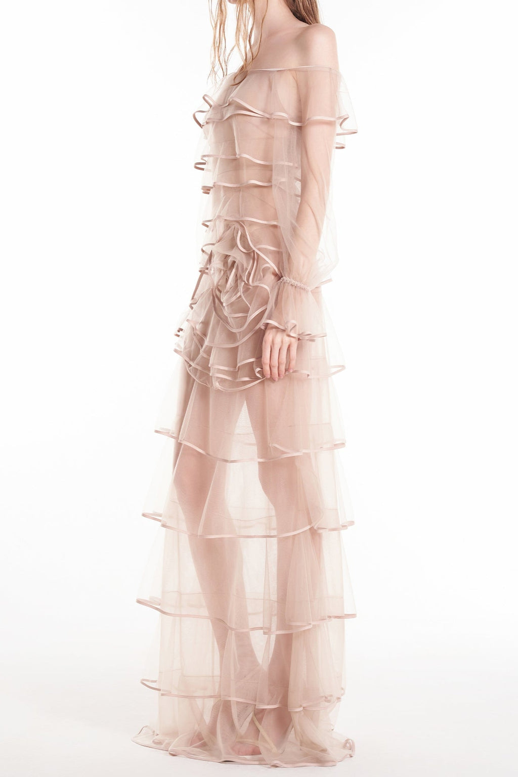Flowering Girl Women eudora floral inspired ruffle layer tulle gown in nude