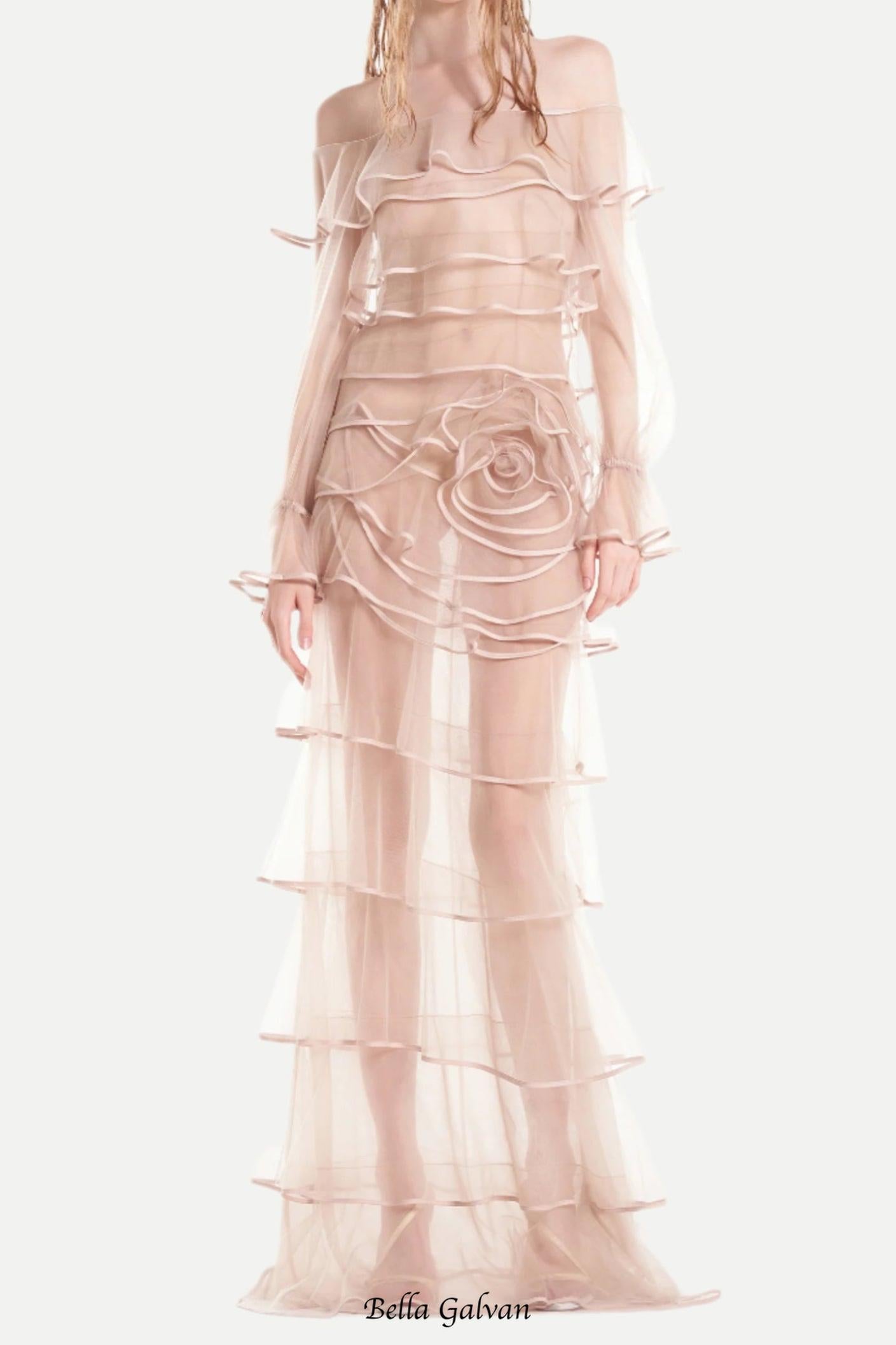 Flowering Girl Women eudora floral inspired ruffle layer tulle gown in nude