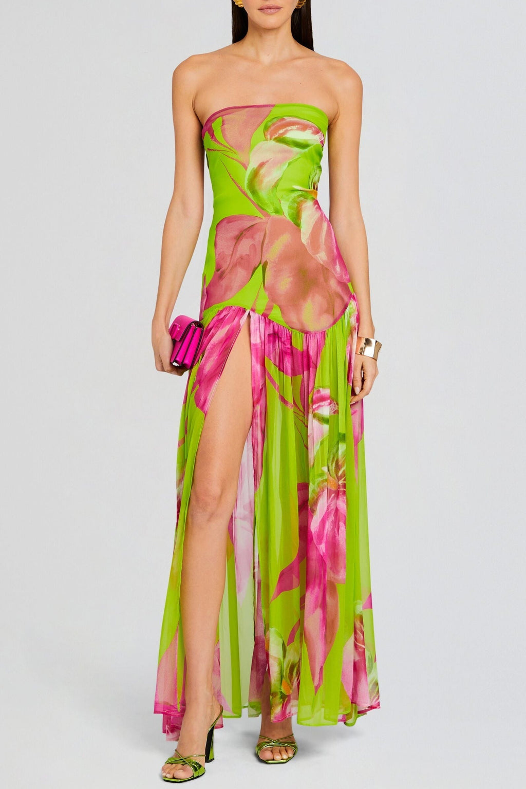 Flowering Girl Women Shmaka Floral Print Strapless Slit Maxi Dress - Green