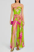 Flowering Girl Women Shmaka Floral Print Strapless Slit Maxi Dress - Green
