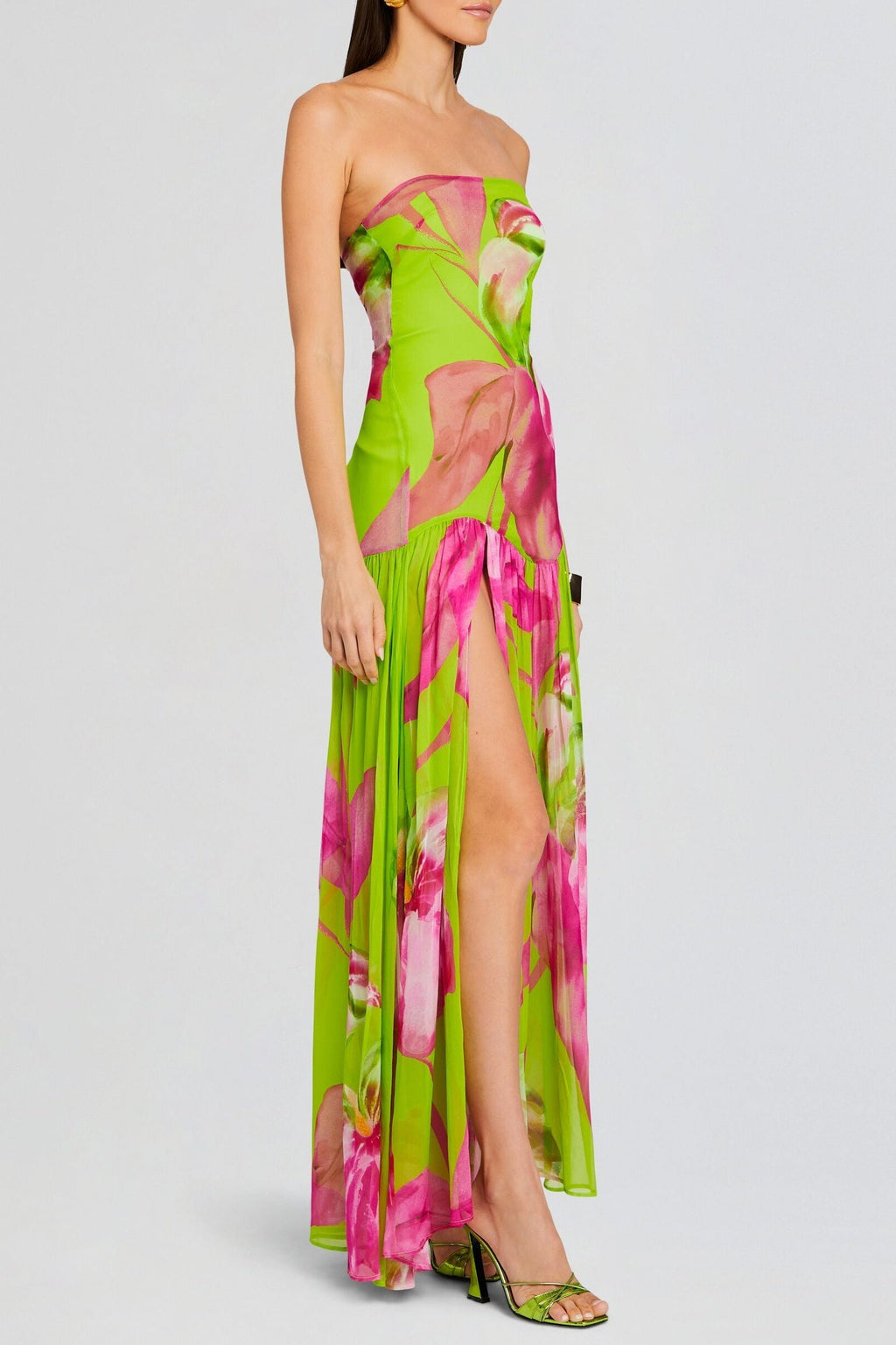 Flowering Girl Women Shmaka Floral Print Strapless Slit Maxi Dress - Green