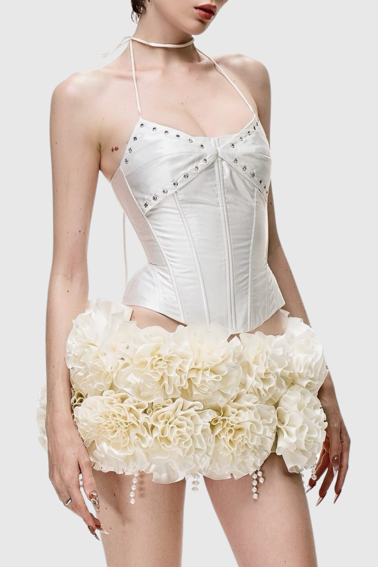 Flowering Girl Women Orsolya Floral Pearl Corset Two Piece Set in Ivory
