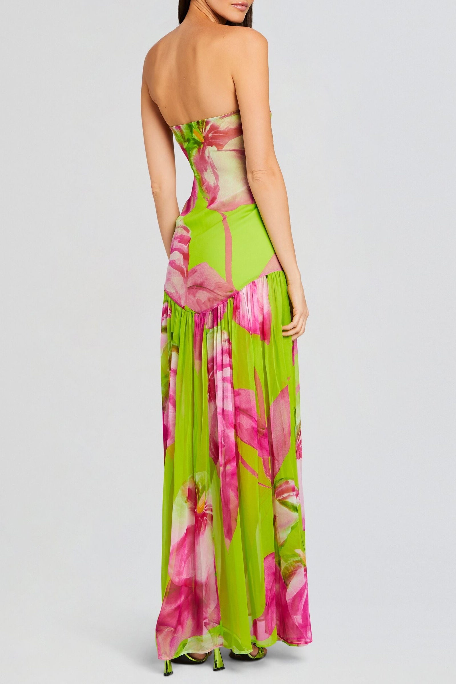 Flowering Girl Women Shmaka Floral Print Strapless Slit Maxi Dress - Green