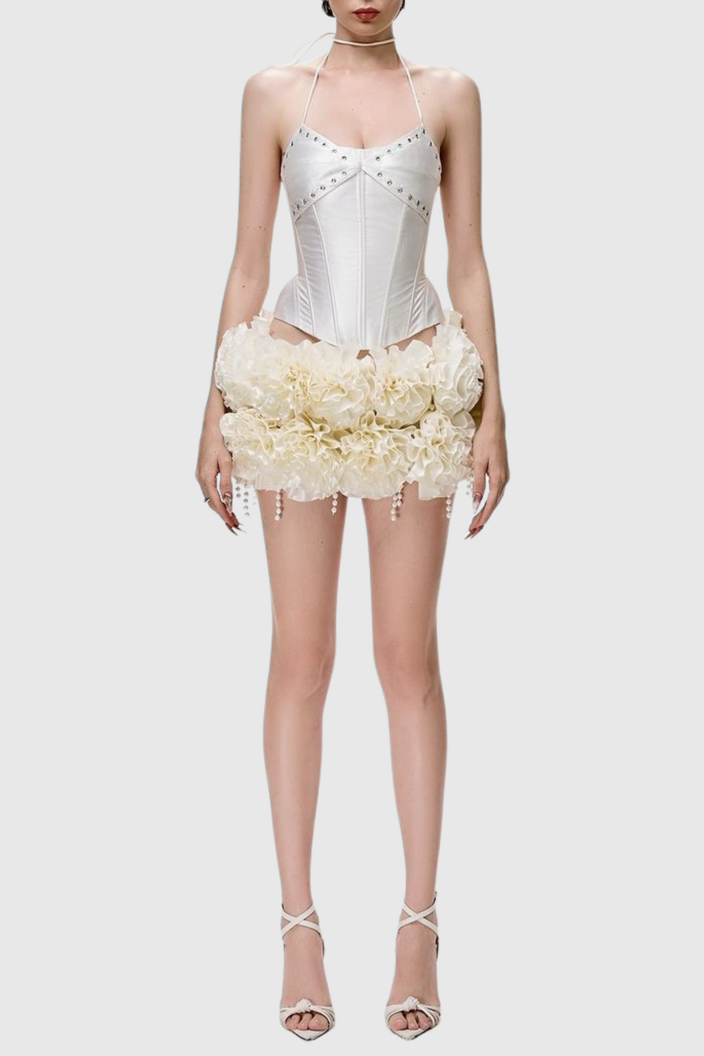 Flowering Girl Women Orsolya Floral Pearl Corset Two Piece Set in Ivory
