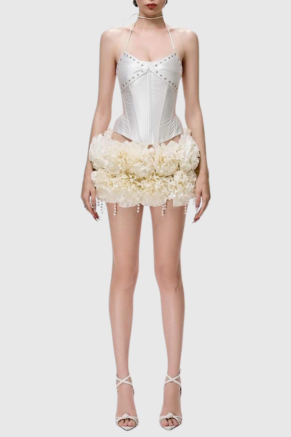 Flowering Girl Women Orsolya Floral Pearl Corset Two Piece Set in Ivory