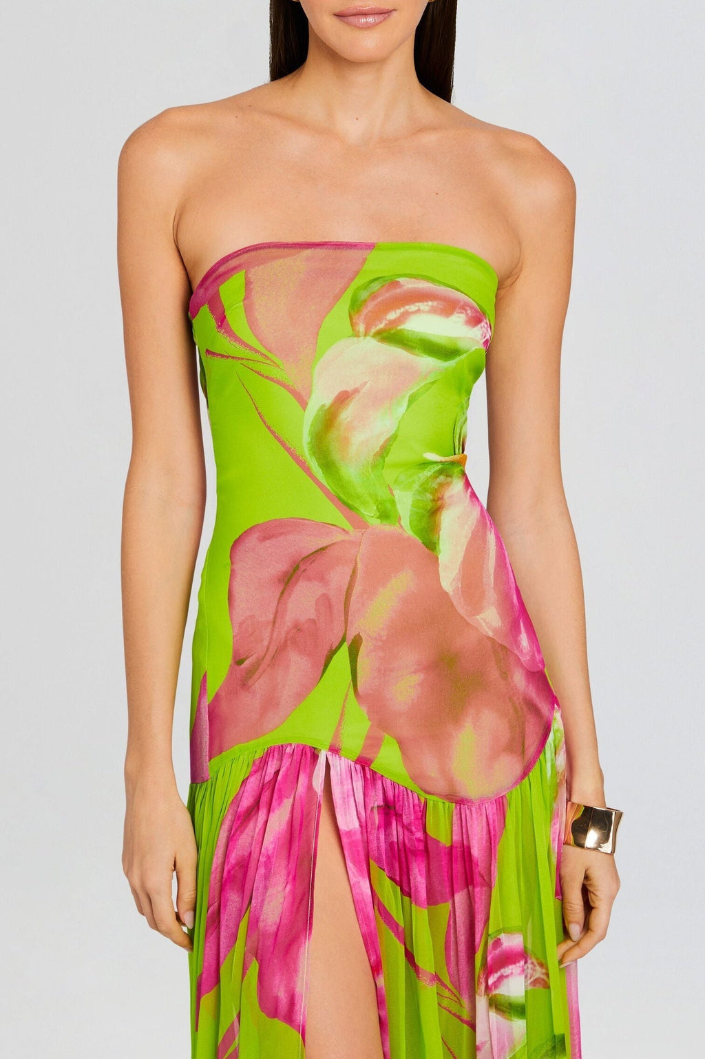 Flowering Girl Women Shmaka Floral Print Strapless Slit Maxi Dress - Green