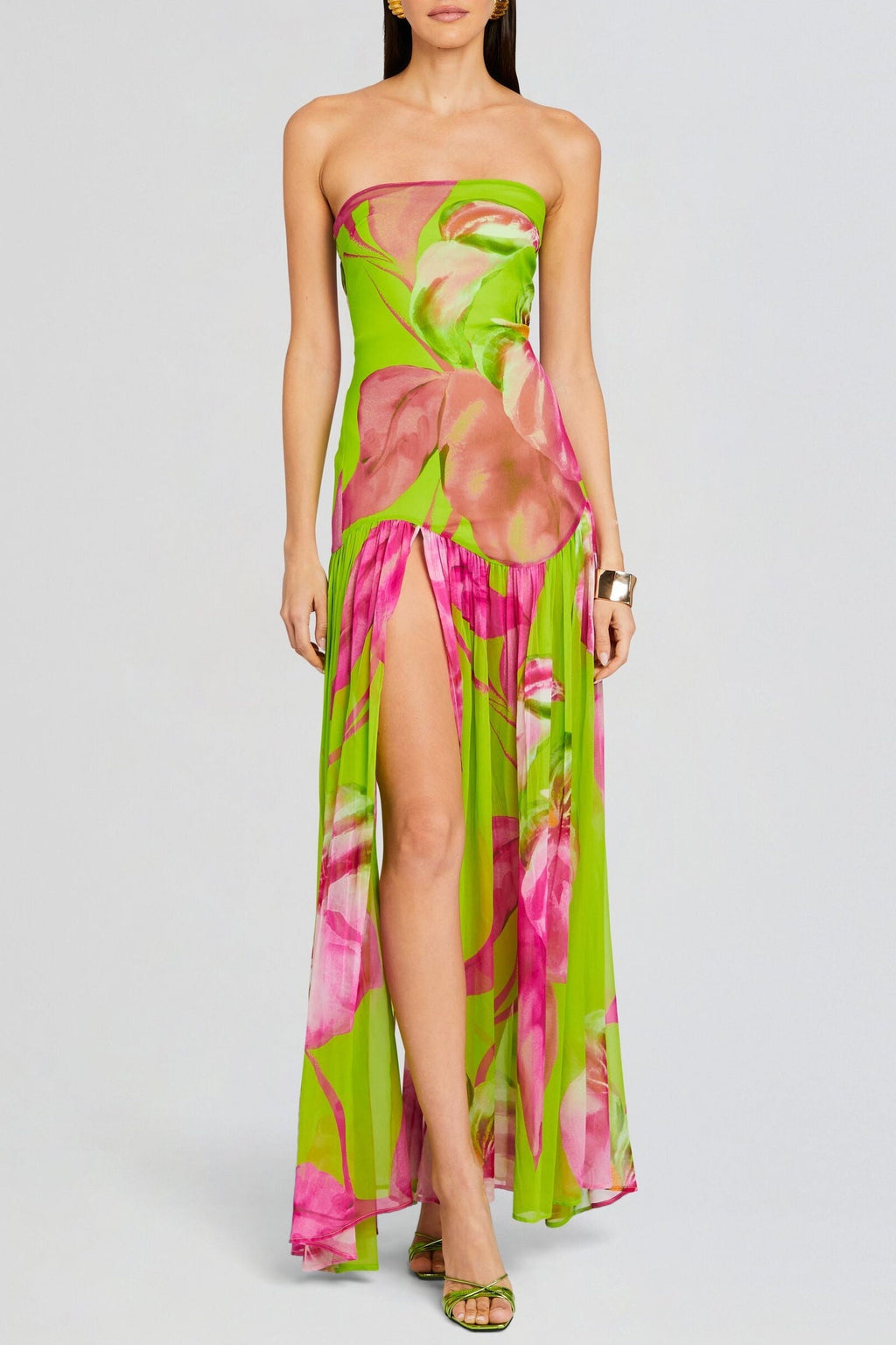Flowering Girl Women Shmaka Floral Print Strapless Slit Maxi Dress - Green