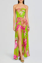 Flowering Girl Women Shmaka Floral Print Strapless Slit Maxi Dress - Green