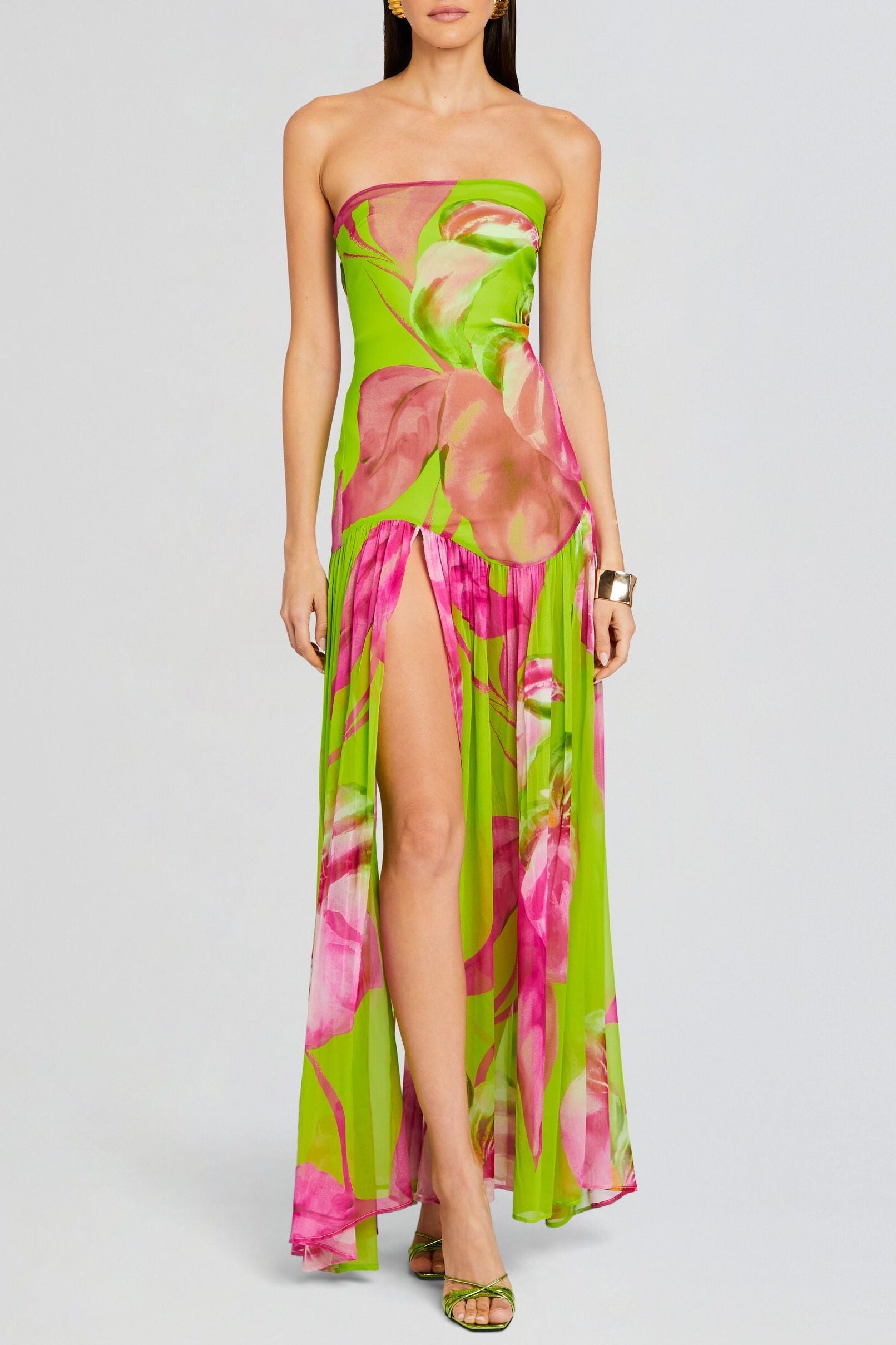 Flowering Girl Women Shmaka Floral Print Strapless Slit Maxi Dress - Green