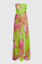 Flowering Girl Women Shmaka Floral Print Strapless Slit Maxi Dress - Green