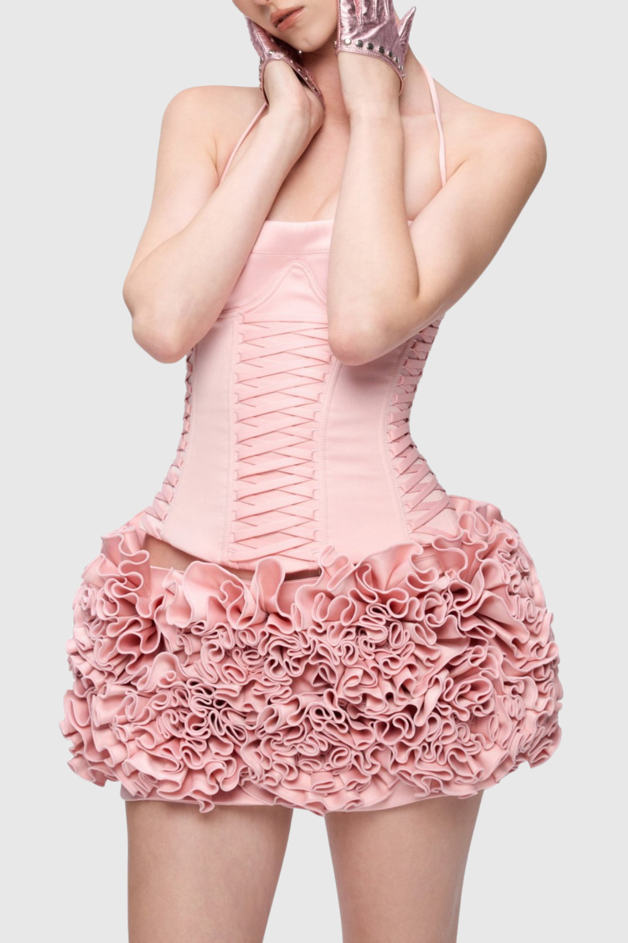 Flowering Girl Women Cindia Floral Lace Up Corset Two Piece Set in Pink